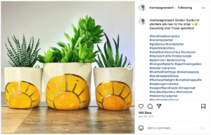 An Instagram post screenshot of 3 handmade planters with plants in them