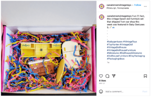 Screenshot of an Instagram post showing packaging of small vintage toys